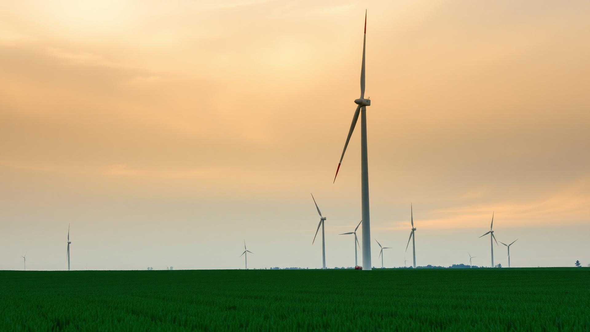 Wind turbines in an open field at sunset